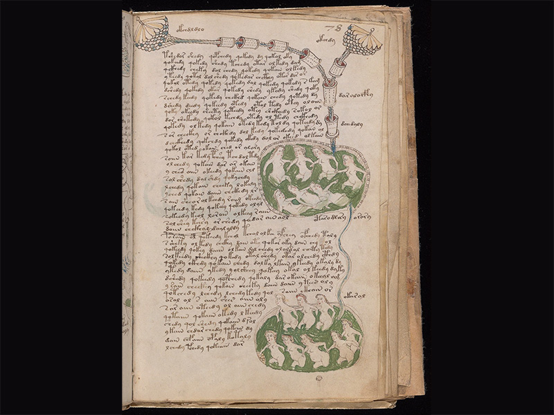 Lots of writing on this page of the manuscript as well as drawings of two green pools in which women are bathing. The two pools are connected by a thin stream. There is a strange pipe-like device coming down into the top pool.