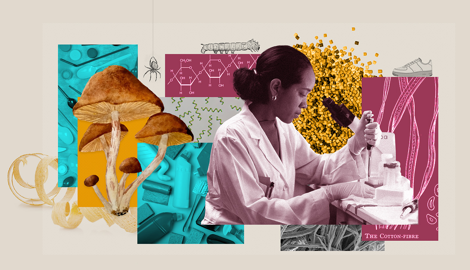 A collage shows a scientist using a pipet as well as various polymers and natural materials.