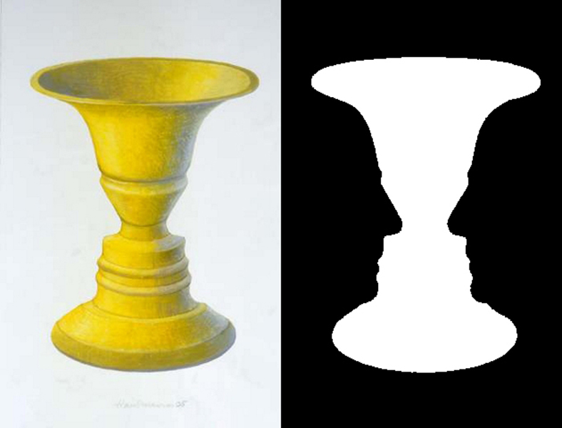 Image of a yellow vase on the left and of two faces on the right. The silhouettes of the two faces, seen side on, match the shape of the vase.