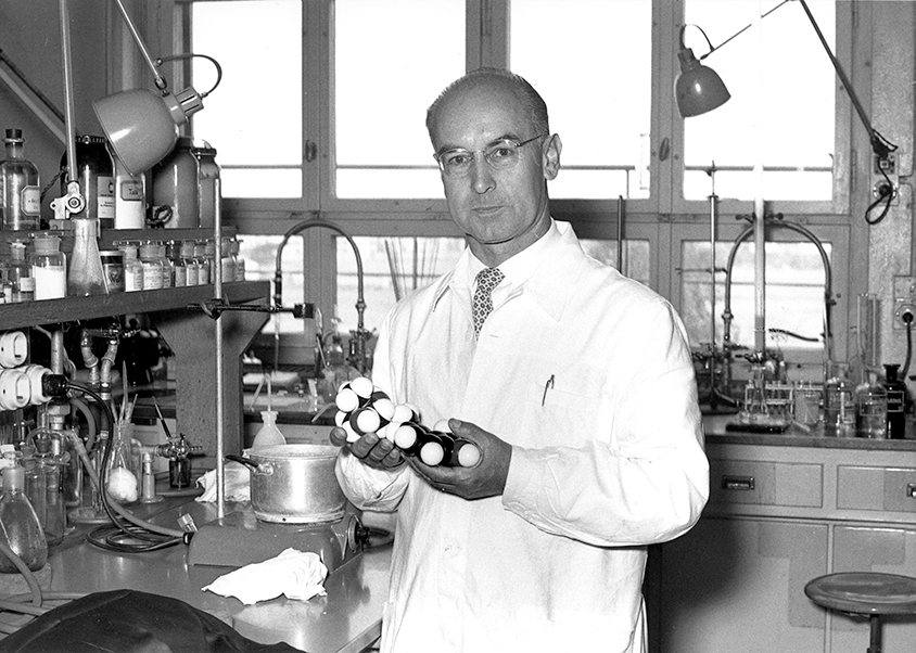 Albert Hofmann with an LSD Molecule model, early 1950s.