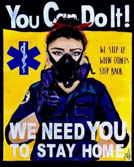 Illustration in style of iconic Rosie the Riveter poster, of a paramedic wearing a mask, her right forefinger pointed at the viewer. Text reads “You Can Do It!,” “We need you” and “We step up when others step back.” The medical caduceus is also in the poster.