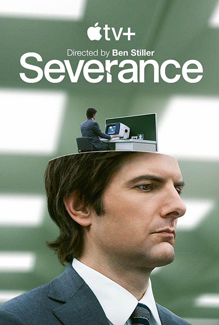 Promotional photo of the TV series Severance, showing a man’s head and shoulders. The man has a dour expression, and the top of his head is removed. On top of that flat head surface is a much smaller image of a man sitting at a desk working on his computer.