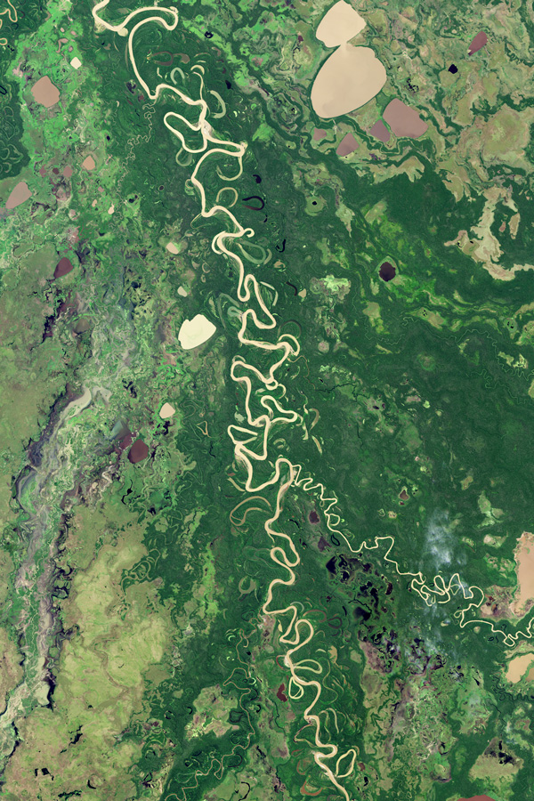 An aerial image of the Amazon River snaking through a lush landscape.