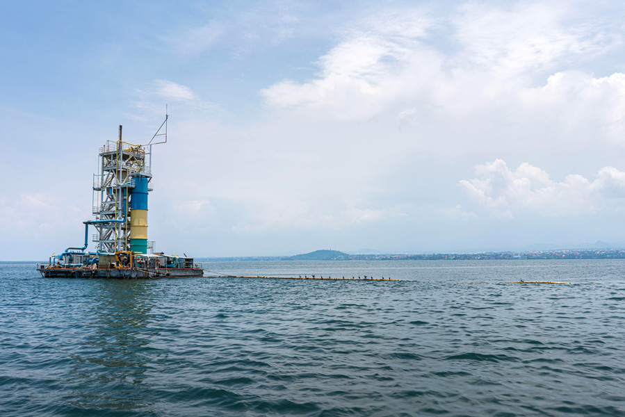 An offshore biogas plant floating in the waters of Lake Kivu