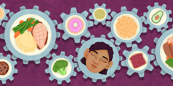 Illustration shows a woman surrounded by a complex set of gears showing food items, representing the complex relationship she has with eating and food. Most treatments for eating disorders focus on co