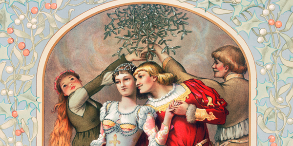 A Christmas card drawing shows a woman and man in medieval dress leaning toward one another under a clump of mistletoe that’s held by two other people.