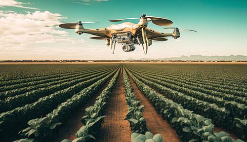 Lifelike illustration shows a drone flowing over a field filled with long rows of tobacco plants.