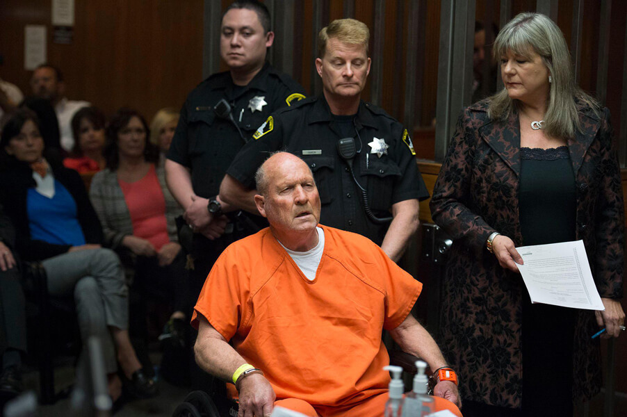 Photograph of Joseph James DeAngelo Jr., the Golden State Killer suspect, appearing in court in April 2018.
