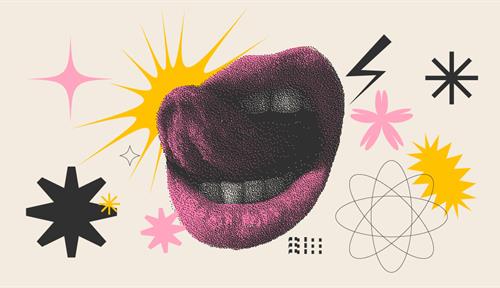 Fanciful illustration shows a mouth with a pink tongue licking its lips, surrounded by stars, zig zags and other small icons that suggest sparkle.