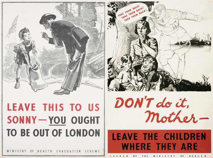 Two historic propaganda posters urging parents to evacuate their children.