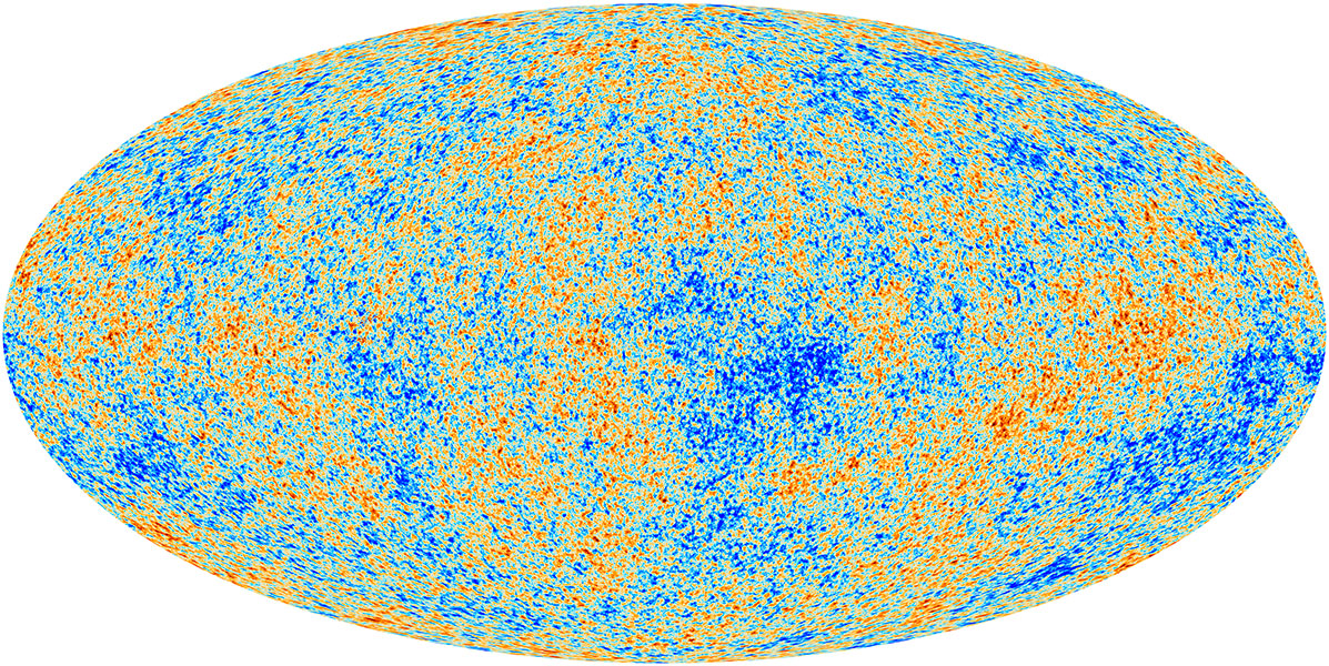 Map of the cosmic microwave background shows a mix of yellows, darker blues and darker reds on an oval projection.