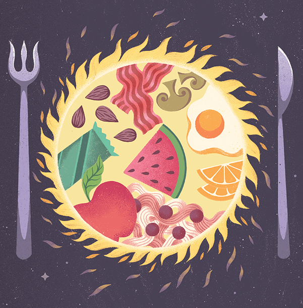 Conceptual illustration shows three dinner plates, two at night with crescent moons are empty, representing a nightly fast, and a third with a sun theme, full of food and representing the benefits of eating during a limited time during the day.