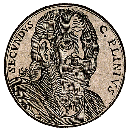 A round woodcut shows a portrait of a bearded, long-haired Pliny the Elder with his name written around his face.