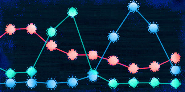 A stylized graph shows rise and fall of three viruses, represented by colored spiky balls. The red one is most prevalent, then green, then blue.