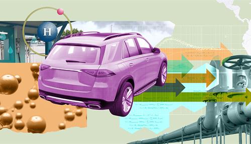 A collage shows hydrogen molecules, a purple vehicle, the map of South America and hydrogen pipelines.