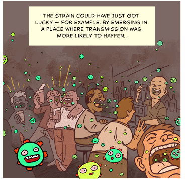 Gif of a bar, filled with people smiling and laughing with their mouths wide open, and happy-looking Covid viruses filling the air. Caption at top: The strain could have just got lucky — for example, by emerging in a place where transmission was more likely to happen. 