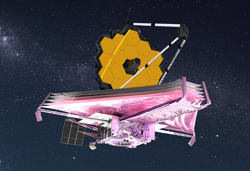 Artist’s conception shows the telescope in space with its segmented mirror, antenna, solar panels and other parts fully unfolded.