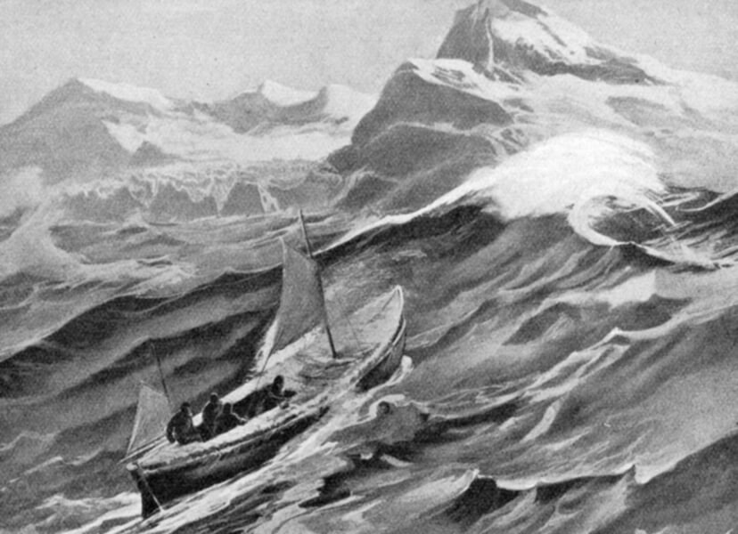Black and white illustration of a small boat sailing in horrifyingly turbulent seas, with several small figures seen on board.