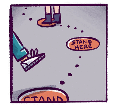 Illustration: Close-up of feet standing on physically distanced “stand here” signs on the floor.