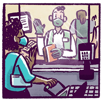 Illustration: A woman in a grocery store check-out line gestures through plexiglass to the register clerk.