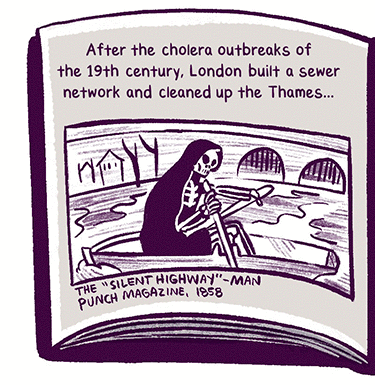 Text: “After the cholera outbreaks of the 19th century, London built a sewer network and cleaned up the Thames…“ Illustration: the grim reaper rowing in a boat on the river Thames.