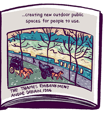 Text: “… creating new outdoor public spaces for people to use.“ Illustration: Two carriages drawn by horses drive along a tree-lined river embankment.