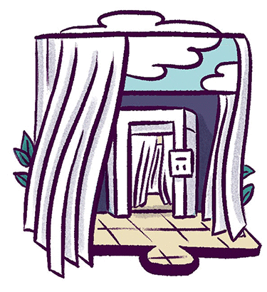 Illustration: One of three different “rooms” seen through openings in floor to ceiling white curtains. 
