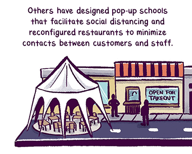 Text: “Others have designed pop-up schools that facilitate social distancing and reconfigured restaurants to minimize contacts between customers and staff.“ Illustration: A portion of a city block with restaurants featuring “open for takeout” signs and outdoor tented seating, pedestrians walking and sitting, the street asphalt curls into a large roll on the right.