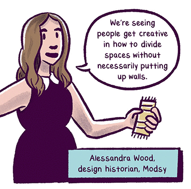 Quote: “We’re seeing people get creative in how to divide spaces without necessarily putting up walls.” –Alessandra Wood, design historian, Modsy. Illustration: Alessandra Wood shown standing, she holds a toy-sized shelf in her hand that she’s placing into a living room, in her other hand she holds a toy-sized rug.
