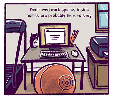 Text: Dedicated work spaces inside homes are probably here to stay. Illustration: A small table with a computer on it and giant balance ball chair, a treadmill is next to the table.
