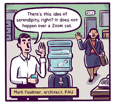 Quote: “There’s this idea of serendipity, right? It does not happen over a Zoom call.” –Mark Faulkner, architect, PAU Illustration: Faulkner stands next to an office water cooler and waves to a colleague walking by.
