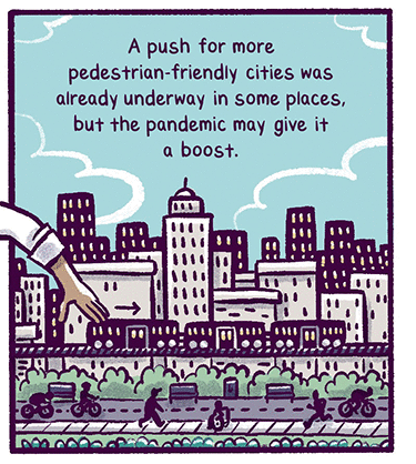 Text: “A push for more pedestrian-friendly cities was already underway in some places, but the pandemic may give it a boost.” Illustration: The same giant construction worker’s other arm is placing an elevated train in front of the buildings; trees and people walking have replaced the cars. 