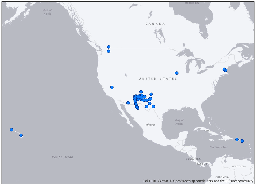 Map shows locations of planned antennas for the array telescope, spiraling from a dense core in Arizona, New Mexico, Texas and Mexico to distant sites in Hawaii, Northeastern US, the Caribbean and others.