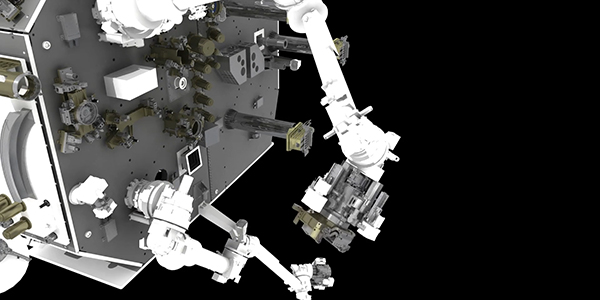Animation shows a close-up of the moving robotic arm of the OSAM-1 spacecraft.