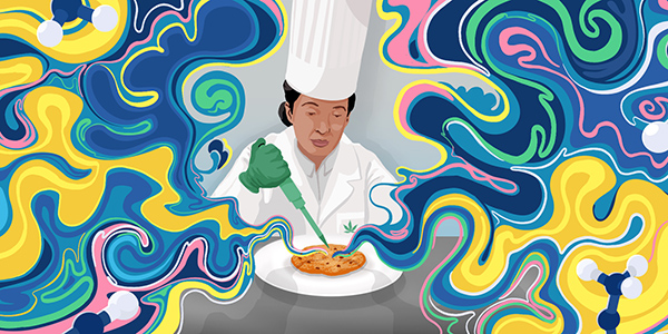Conceptual illustration shows a woman in a chef’s hat and white coat that has a marijuana leaf on the pocket. She’s wearing gloves and pipetting something onto a chocolate chip cookie on a plate. Swir