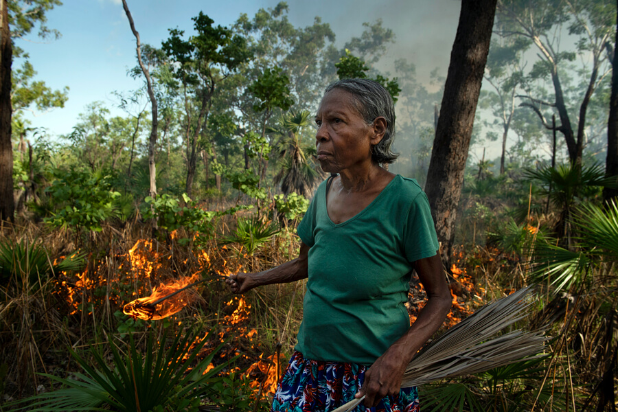Photograph of a woman setting fire to forest undergrowth using ignited palm fronds. Lush vegetation is seen in the background.