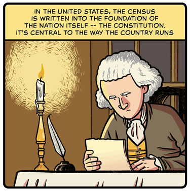 In the United States, the Census is written into the foundation of the nation itself – the Constitution. It’s central to the way the country runs. Illustration: George Washington sits at a desk reviewing a document, a burning candle and a quill in an inkwell lie next to him.