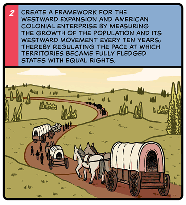 Create a framework for the westward expansion and American colonial enterprise by measuring the growth of the population and its westward movement every ten years, thereby regulating the pace at which territories became fully fledged states with equal rights. Illustration: Horse-drawn covered wagons and people travel on winding road through hilly green landscape.