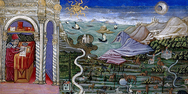 A colorful illuminated manuscript depicts Pliny the Elder writing in his study with a Roman arch, dressed in red robes. Next to him is a view of a landscape with a river, sea, mountains, the Sun, the Moon, animals, sailing ships and buildings. Manuscript also has a large white vine initial and a three-sided white vine border containing birds and a wreath enclosing the arms of cardinal Aeneas Sylvius Piccolomin.