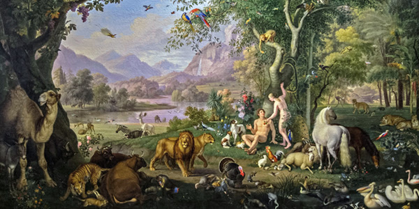 A painting showing Adam and Eve in an earthly paradise setting, with a river, mountains and a waterfall in the background, and trees in the foreground. Animals of all stripes fill the scene: lions, ho