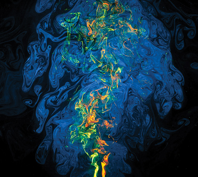 Turbulent swirls break up in plume of dye.