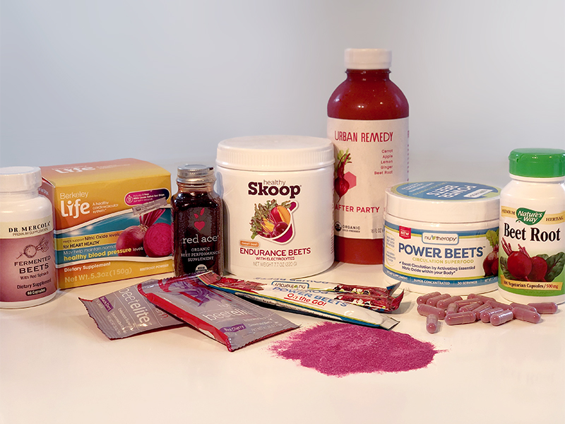 Photograph of some of the beet supplements on sale today, marketed as performance and cardiovascular boosters. Powders, capsules, juices and concentrates — all have capitalized on the science behind nitrate and exercise.