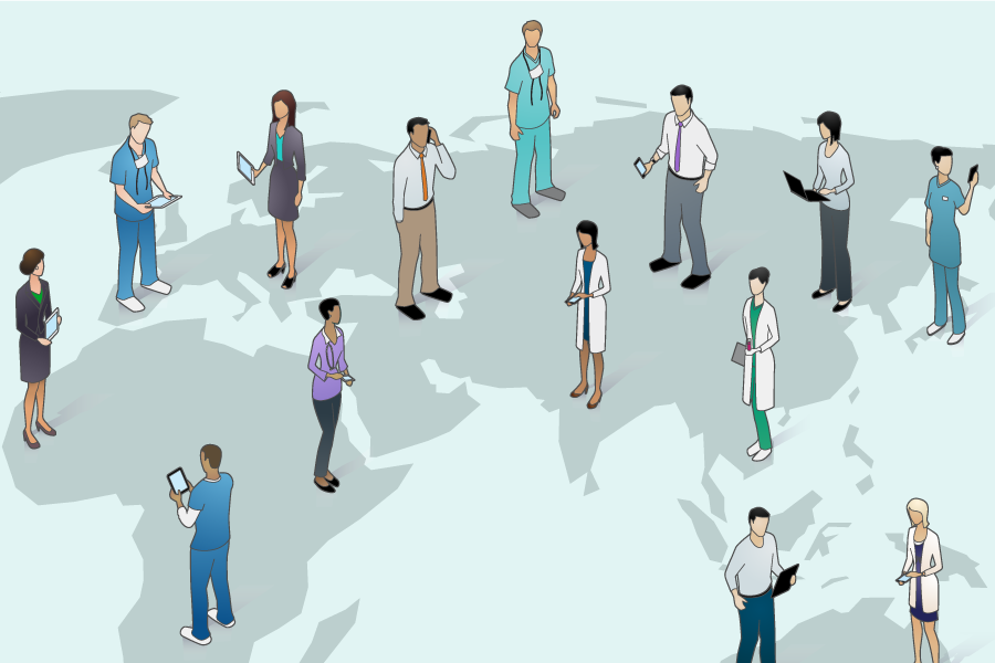 Illustration of a world map with a variety of health workers standing on top of the map.