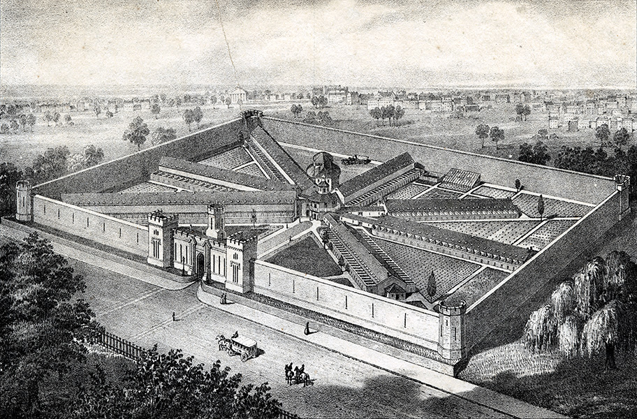 Historical illustration shows Eastern State Penitentiary building and grounds.