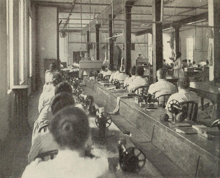 Women prisoners at work in the Auburn State Prison in New York, which played a key role in the development of the modern prison model.