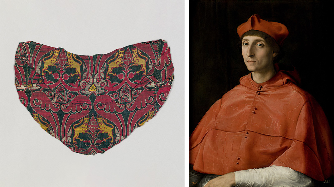Two photos. Left: Multicolored textile fragment with yellow lions, crimson trees and leaves. Right: Painting of a man in a scarlet cap and cape.