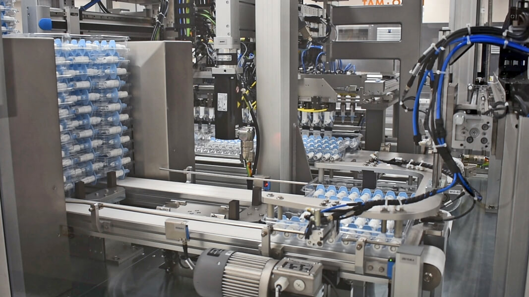 Photo shows the mechanized assembly line at Janssen Pharmaceutical as bottles of Spravato, the esketamine nasal spray are manufactured.