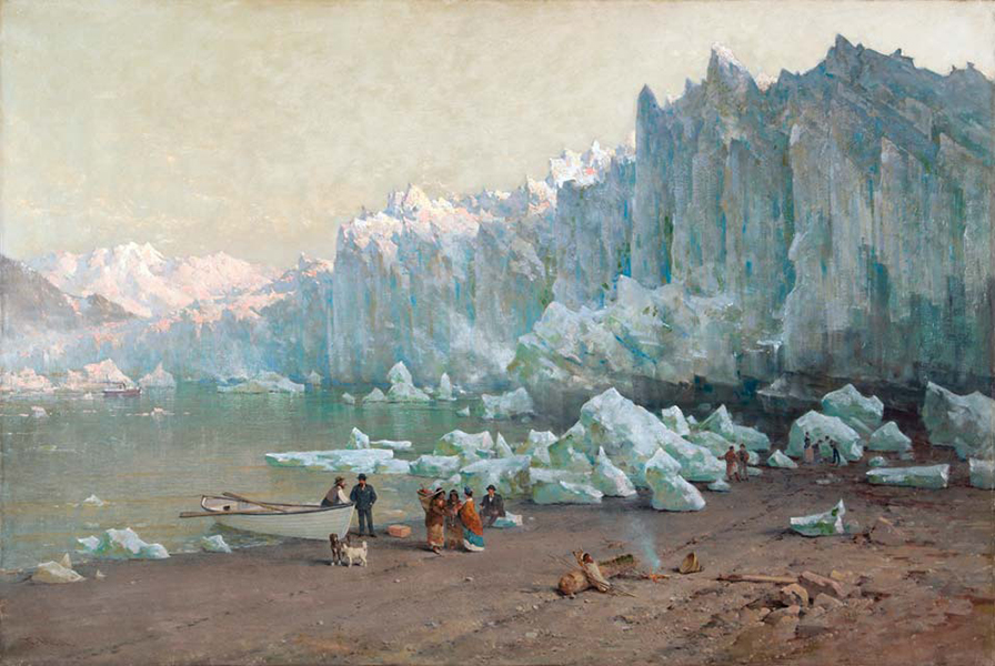 Painting shows a glacier with chunks of ice breaking off into the water. Nearby, several people and some dogs stand on a beach next to a boat.