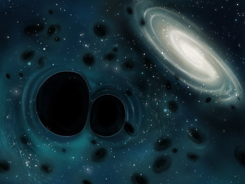 Artist’s illustration of two massive black holes in the midst of joining together, surrounded by many smaller black holes, with a bright galaxy to the side.