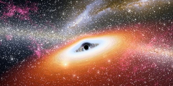 An artist’s conception of a primitive, supermassive black hole surrounded by a star-filled early galaxy.